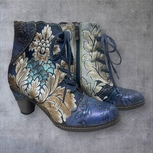 L'Artiste Siren Floral Brocade Lace Up Boots Womens 8.5-9 Victorian Steampunk